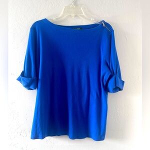 Lauren Ralph Lauren  Blue Cotton Blouse Top Zipper Boat Neck Women Size 1X